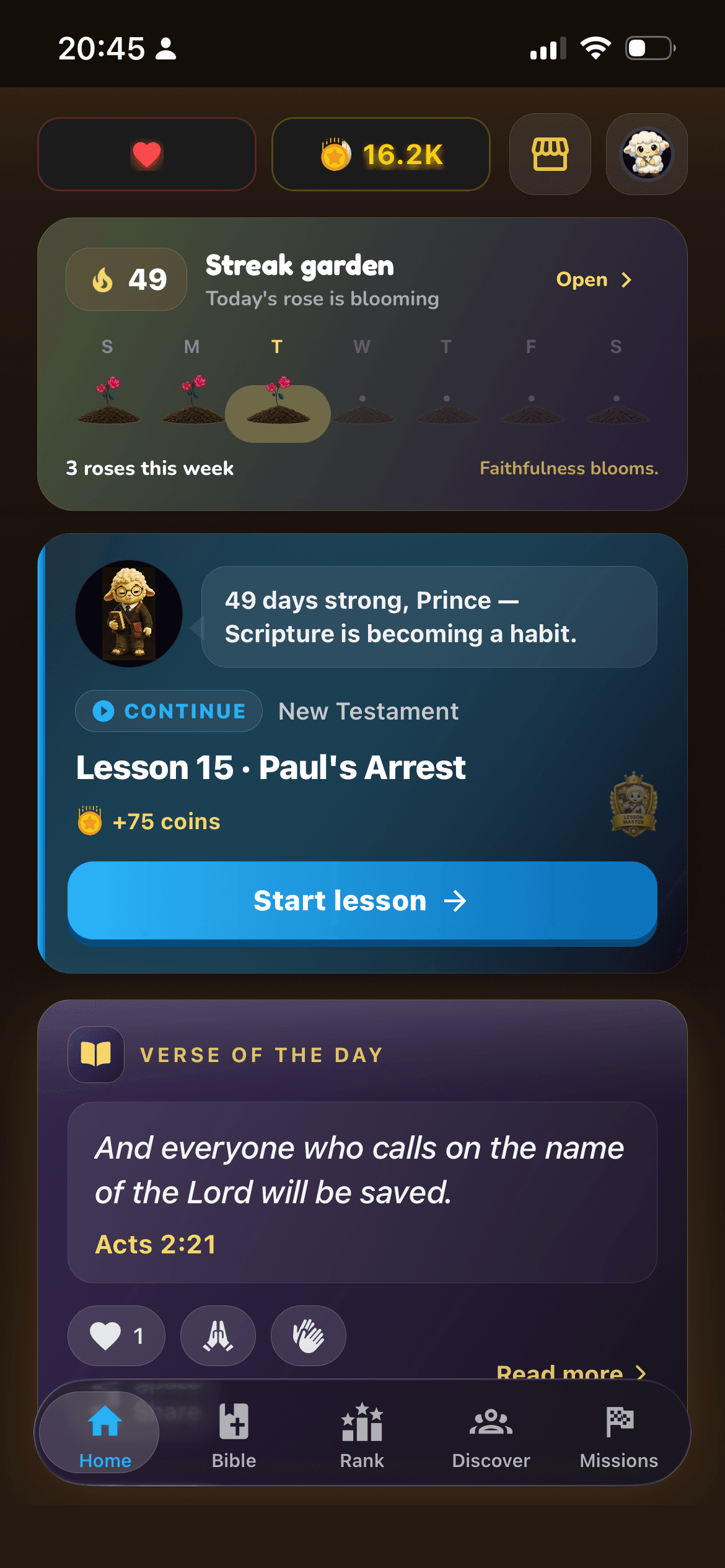 BibleMigo home screen showing streaks, lessons, and verse of the day