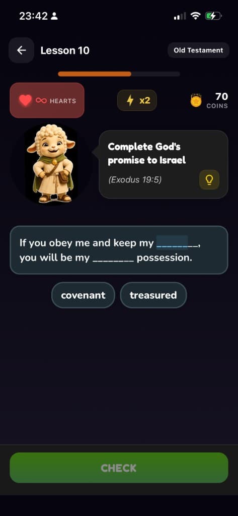 BibleMigo fill-in-the-blank scripture challenge from Exodus