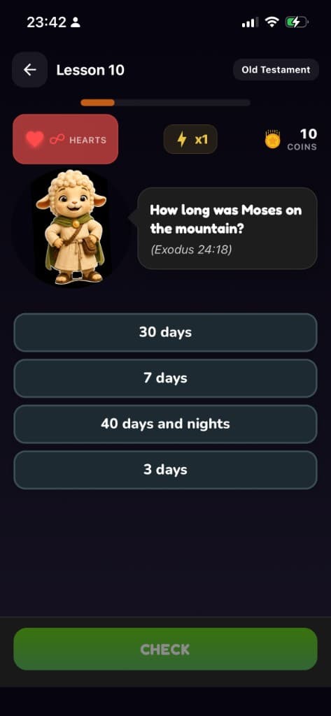 BibleMigo quiz screen asking how long Moses was on the mountain