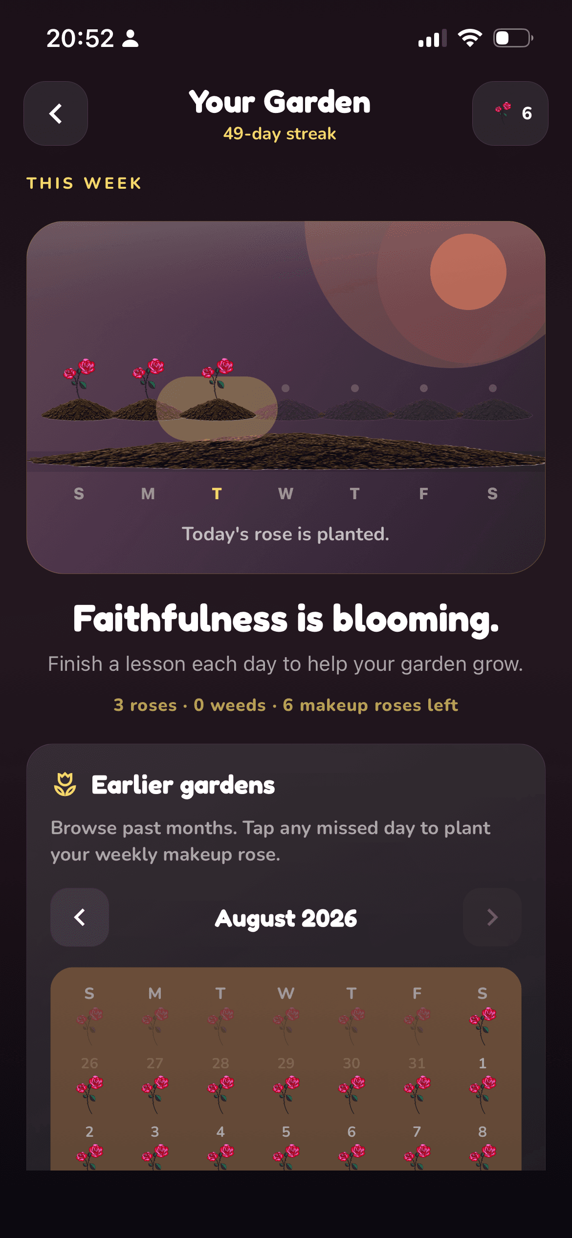 BibleMigo streak garden showing roses planted for each day a lesson is completed